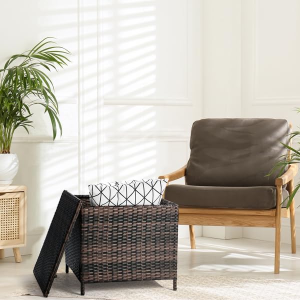 Outdoor PE Wicker Side Table with Storage, Patio Rattan End Table Square Container for Furniture Covers (Brown)