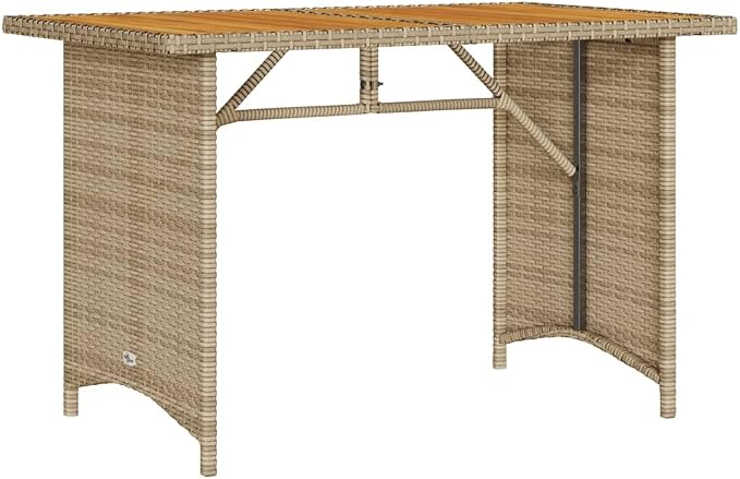 vidaXL Patio Table with Wooden Top, Garden Table, Dining Table for Outdoor Balcony, Patio Furniture, Modern Style, Beige Poly Rattan