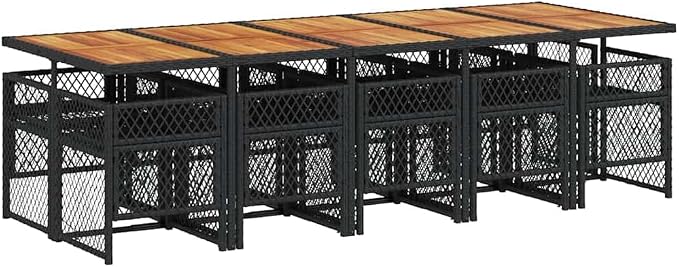 11-Piece Black Cream Patio Dining Set with Acacia Wood Table and 10 High Back Poly Rattan Chairs