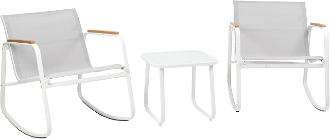 Kozyard 3-Piece Rocking Chair Set, Outdoor Rocking Textilene Bistro Set with Wooden Armrests, Outdoor Conversation Set with Glass Table for Lawn, Porch, Yard, Garden, Balcony, Poolside, White