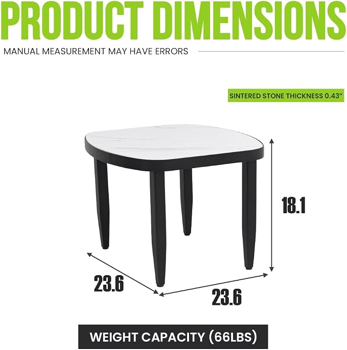 Modern Outdoor Side Table with Sintered Stone Top, Aluminum Frame, Black Finish, Weatherproof & Rust-Free for Patio
