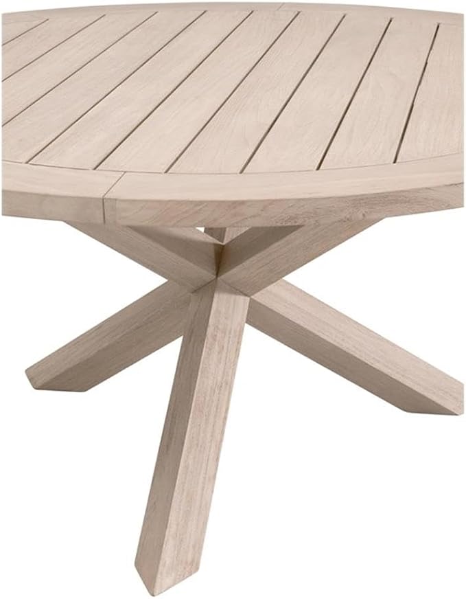 MAKLAINE 63" Round Outdoor Dining Table, Solid Teak Wood, Natural Finish, Slatted Picnic-Style Design, Seats Up to 5, Durable Multi-Step Finish, Spacious Patio Use