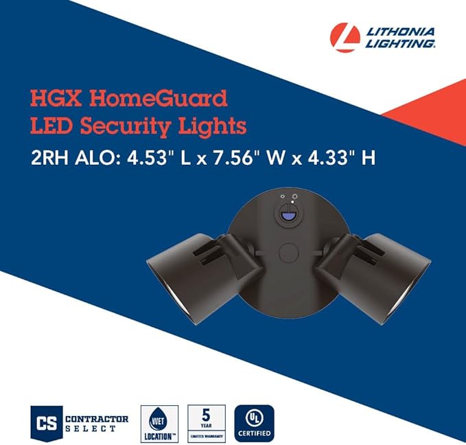 Lithonia Lighting HomeGuard 2-Light LED Outdoor Flood Lights, Dusk to Dawn | Dark Bronze Outdoor LED Lights, Adjustable Lumens, 4000K Cool White, Round Heads (HGX LED 2RH ALO 40K 120 PE DDB)