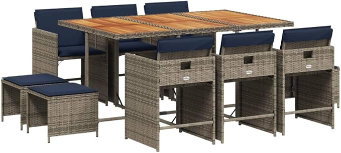 11 Piece Garden Dining Set with Cushions Grey Poly Rattan Outdoor Patio Furniture Table Chairs Stools Folding Backrest Design Acacia Wood Top Navy Blue