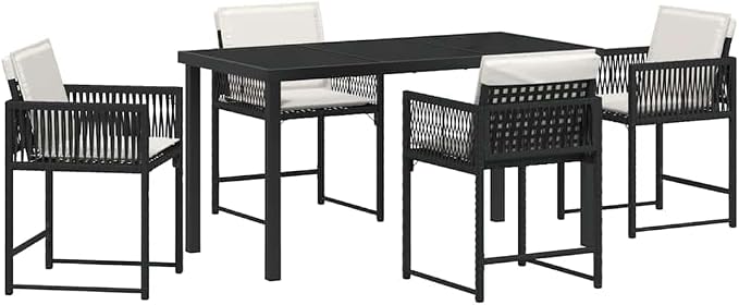 5 Piece Outdoor Dining Set, Black Poly Rattan Patio Table and 4 Chairs, Modern Garden Furniture for Backyard Deck Balcony