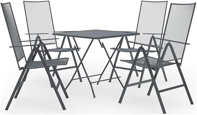 BOWERY HILL 5-Piece Steel Patio Dining Set, Square Table with 4 Chairs, Anthracite/Gray Finish, Powder-Coated, Foldable Design, Mesh Style, Adjustable Backrests, Indoor/Outdoor Use for Garden or