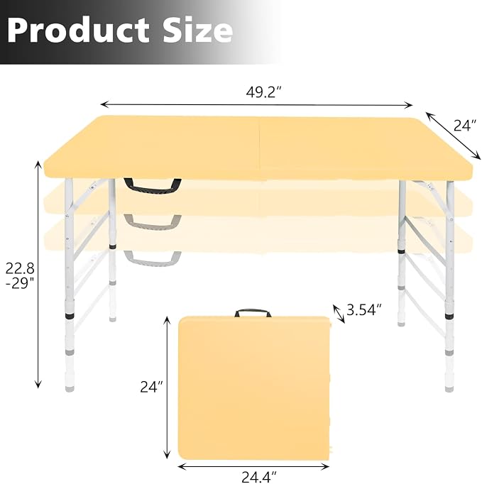 Portable 4Ft Folding Table, Heavy Duty Plastic Fold-in-Half Utility Foldable Table, Adjustable Height Plastic Folding Table with Carrying Handle for Camping &Party Indoor/Outdoor(Light Yellow)