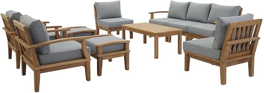 Modway EEI-1480-NAT-GRY-SET Marina Premium Grade A Teak Wood Outdoor Patio Furniture Set, 10 Piece, Natural Gray