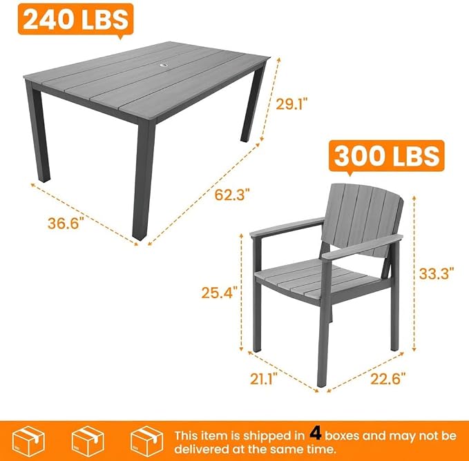 Outdoor Dining Sets Patio Table and Chairs Set 7-Piece, Aluminum Frame HDPS Faux Wood, All Weather Patio Dining Set with Umbrella Hole for Garden Backyard Poolside Grey