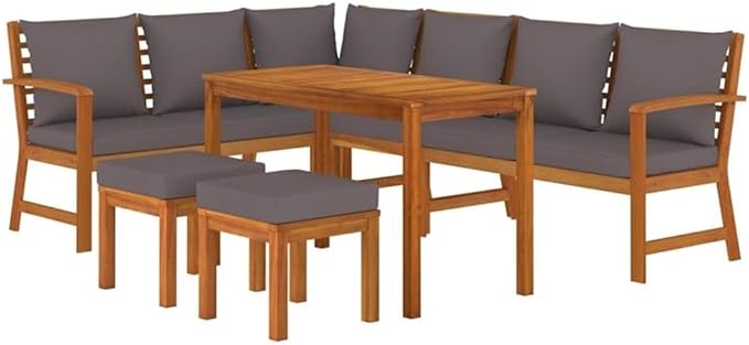 Afuera Living 7-Piece Patio Dining Set, Solid Acacia Wood with Dark Gray Water-Resistant Cushions, Modular Outdoor Furniture, Rustic Style for Garden, Terrace or Backyard