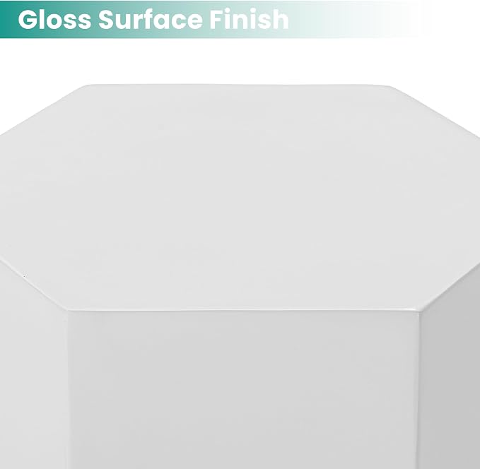 SUNBURY Outdoor Side Table, 18" Hexagon End Table Gloss Finish w Geometric Pedestal, Patio Concrete Accent Table Modular Design Decor, Lightweight Garden Stools for Balcony, Porch, Living Room, White