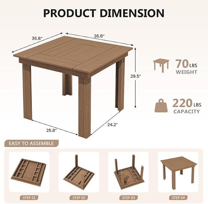 KINGYES 5-Piece HDPE Outdoor Dining Set for 4, Square Patio Table & Armless Chairs with Umbrella Hole, All-Weather Patio Dining Set for Backyard, Garden, Lawn & Poolside, Brown