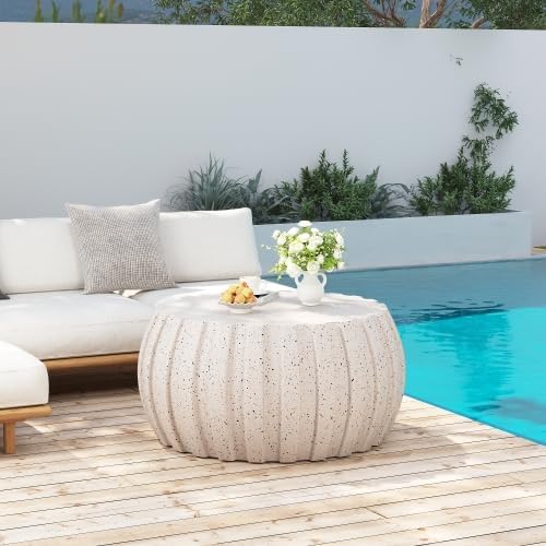 35.43" Indoor Round Coffee Table, Waterproof Coffee Table Modern MgO Cement Design End Tables for Living Room, Outdoor Patio Coffee Tables for Garden, Backyard, Balcony, White