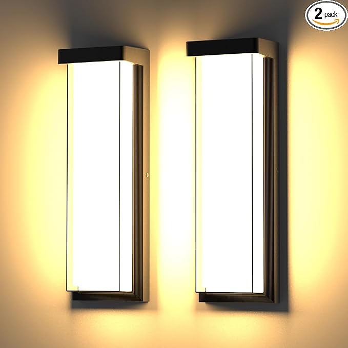 Modern 2Pack Outdoor Wall Light Fixture,16in 10%-100% Dimming LED Porch&Patio Wall Light Fixture,3000K Black Exterior Sconce Light Mounted for House Garage Porch Courtyard(2Packs)