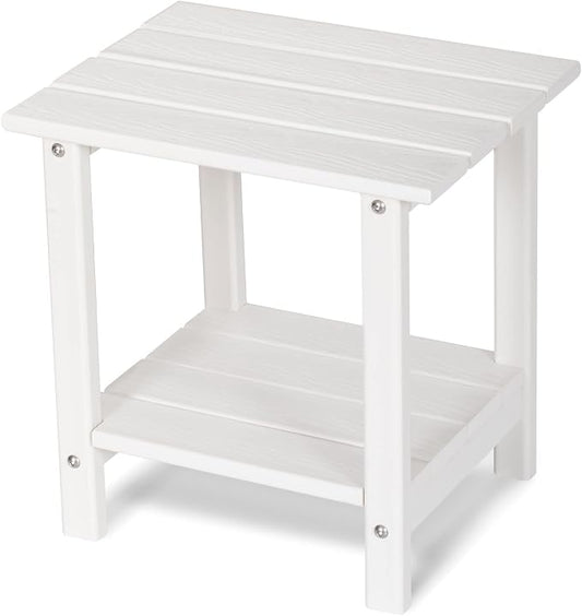 2 Tier Outdoor Side Table with Wood-Like Grain, 16.6" HDPE Adirondack Table Patio Side Table, Weather Resistant End Table for Pool, Patio & Porch, Small Outdoor Table (White, Rectangle)