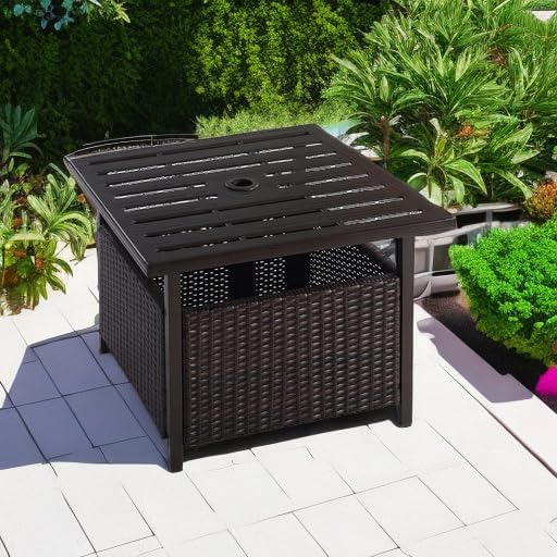 MAT EXPERT Umbrella Table with Hole, Outdoor Side Table w/ 1.57” Umbrella Hole, Steel Frame, Wicker Patio Umbrella Side Table Lawn/Garden/Poolside/Deck/Backyard, 22”x22”x18.5