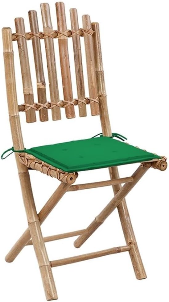 BOWERY HILL 5-Piece Folding Patio Dining Set, Natural Bamboo Table and 4 Chairs with Green Cushions, Compact Outdoor Garden Furniture, Rustic Style, Fits 4 People, Water-Resistant
