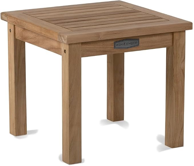 TITAN GREAT OUTDOORS Ash & Ember Sierra Grade A Teak End Table, 18" Tall Outdoor Hand-Sanded Accent Table, 19.75"x19.75" Slated Tabletop, Solid Brass Hardware
