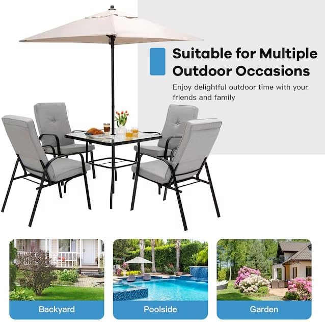 Outdoor Patio Table with Umbrella Hole, 32 Inches Tempered Glass Top Square Patio Table,Conversation Coffee Table Metal Steel Frame All-Weather Furniture for Balcony, Backyard and Poolside