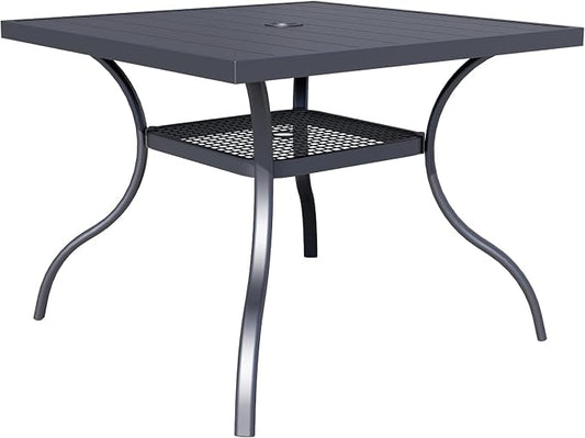 37" x 37" Patio Dining Table, Outdoor Square Bistro Metal Table with Steel Slat Table Top for Porch Deck Garden Backyard Poolside, 1.57" Umbrella Hole, Black