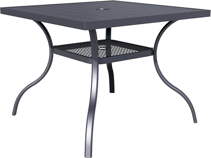 SOLAURA 37” Outdoor Dining Table Patio Slat Table Top for 4-Person/Metal Frame, Umbrella Hole, Indoor or Outdoor, Black