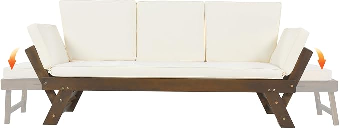 Outdoor Patio Furniture Sets, Adjustable Wooden Daybed Sofa Chaise Lounge, Acacia Wood Couch Sofa Bed with Cushions for Small Places Patio Balcony Poolside Backyard (Brown Finish+Beige cushion 6)