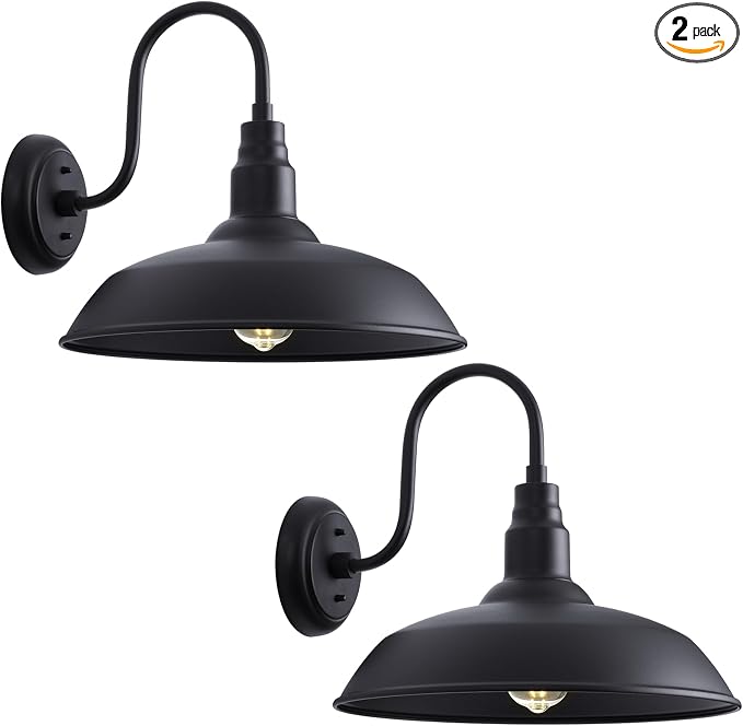 16 Inch Gooseneck Light Fixture for Barn Door, 2 Pack Large Barn Lights for Front Porch, Black Outdoor Farmhouse Light with Goose Neck Arm, Exterior Wall Dome Lighting for House Garage