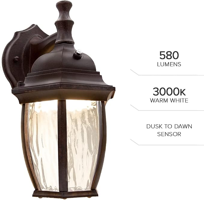Maxxima LED Brown Outdoor Wall Light, 580 Lumens 3000K, Dusk to Dawn Sensor | Clear Water Glass, Warm White, Photocell Sensor, Exterior Patio or Porch Sconce Fixture