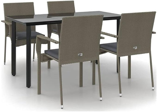 Afuera Living 5-Piece Garden Dining Set, Black and Gray PE Rattan, Powder-Coated Steel Frame, Rectangular Table and 4 Chairs with Cushions, Modern Style Outdoor Patio Furniture for Backyard or Terrace