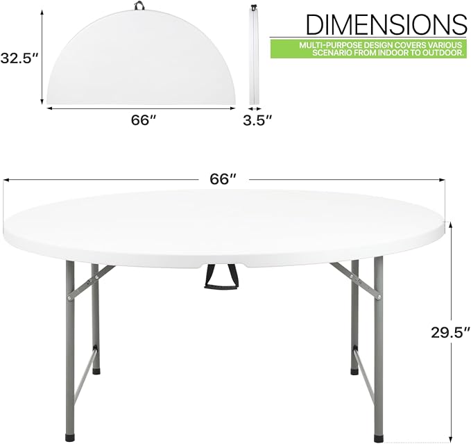 Magshion 65" Round Folding Table 5.5 Feet Plastic Bi-Folding Commercial Dining Event Table for Indoor Outdoor Camping Picnic Party, White, 10 Pack