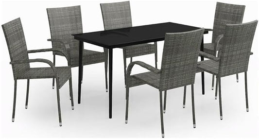 Afuera Living 7-Piece Outdoor Garden Dining Set, Gray and Black PE Rattan, Powder-Coated Steel, Rectangular Table with 6 Chairs, Weather-Resistant, Modern Patio Furniture for Terrace or Balcony
