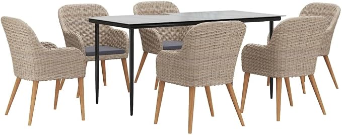 7 Piece Patio Dining Set with Cushions Brown Acacia Wood Outdoor Table and Chairs for Patio Garden Backyard Powder Coated Steel Tempered Glass