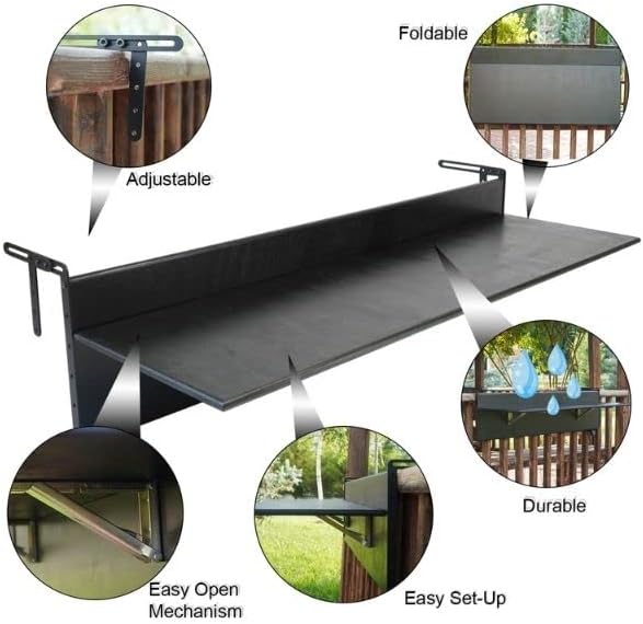 Balcony Bar Table for Railings, Outdoor Folding Deck Rail Table for Patio, Balcony Hanging Desk for Many Railings Compatible, Wooden Bar Serving Table for Porch (Black, XL: 47.3 x 11.8 inches)