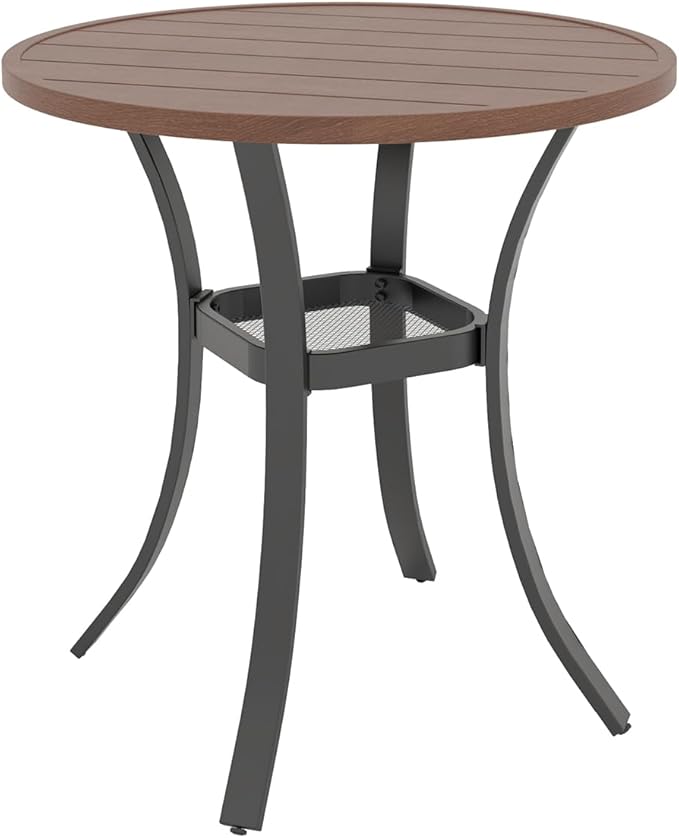 Anmutig Small Patio Dining Set with Outdoor 27.5" Wood-Like Brown Round Table Top and 2 Beige Stackable Chairs - 3 Piece