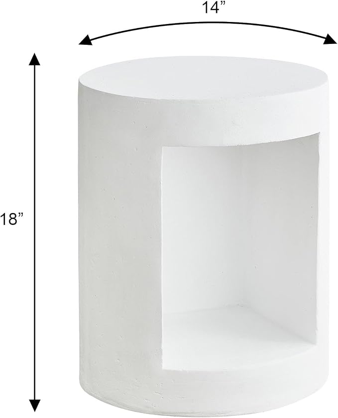 LeisureMod 14” Wide White Round Side Table in Fiberstone with Open Storage, Painted Finish, for Modern Indoor Outdoor Use, Living Room, Bedroom, Patio, Garden
