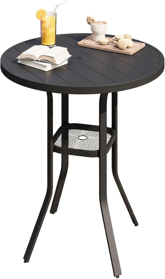 DIFY Patio Bar Height Table, 35.5" Round Outdoor Bistro Table with 1.57" Umbrella Hole for Poolside, Balcony, Pub and Garden, Black