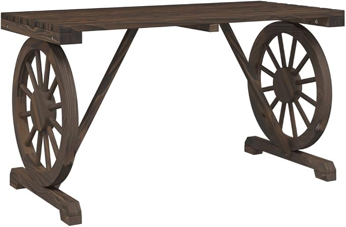 Wooden Patio Table with a Wagon Wheel Design, Wooden Garden Table for Patio, Backyard, 45.3"x21.7"x25.6" Solid Wood Fir,-312