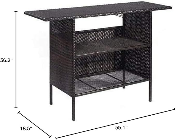 SPSUPE Outdoor Patio Rattan Bar Table, Wicker Bar Counter Table with 2 Steel Shelves and 2 Sets of Rails, 55.1"X 18.5"X 36.2" (L x W x H), Ideal for Garden, Backyard and Pool Side, Brown