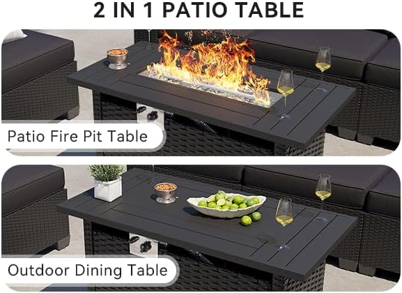 Aoxun Outdoor Patio Furniture Set with 44'' Fire Pit Table, 7 Pcs Outdoor Patio Furniture Sets with 4in Thicken Cushion, Widen Armrests Wicker Outdoor Sectional for Backyard & Garden, Black
