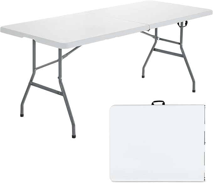 Nightcore White 6' Plastic HDPE Folding Table, Indoor Outdoor Utility Portable Picnic Party Dining Camp Rounded Corners & Handle, Off White