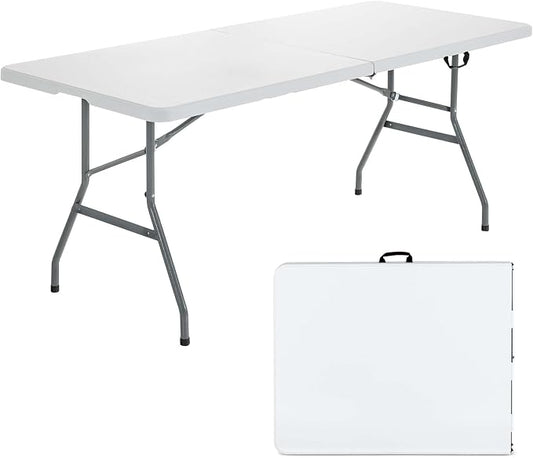 Goplus Folding Tables, 6ft Foldable Plastic Card Table, Portable Heavy Duty Fold Up Table w/Handle, White Outdoor Utility Folding Table for Picnic, Party, Dining, Camping, Beach, BBQ, No Assembly