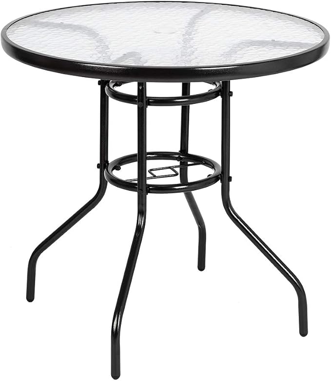 Outdoor Dining Table Round 31.5 Inch - Toughened Glass Top with Powder-Coated Steel Base - Garden Patio Table Water Ripple Design - All-Weather Yard Coffee Table for Indoor Outdoor Use