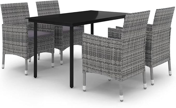 BOWERY HILL 5-Piece Patio Dining Set, Rectangular Glass Table and 4 PE Rattan Chairs, Gray/Dark Gray/Black, UV-Resistant Powder-Coated Steel Frame, Outdoor Garden or Terrace Dining for 4