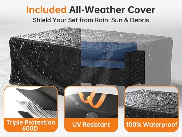 LazySunsets 6-Piece Outdoor Patio Furniture Set, Rattan Outdoor Sectional with Thick Waterproof Cushions, Wicker Ottomans & Waterproof Cover, Patio Conversation Set for Garden, Backyard, Navy Blue