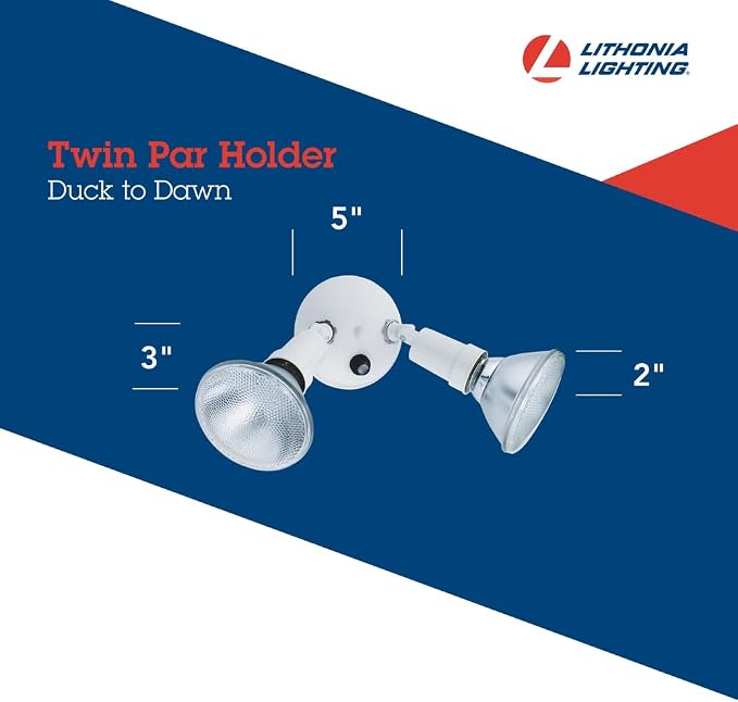 Lithonia Lighting Dusk-to-Dawn Twin Par Outdoor Flood Light Holder, White | Adjustable Security Light, Photocell Sensor, 120 Volts, Uses 2 Lamps Up to 150W (Not Included) (OFTH 300PR 120 P WH M12)