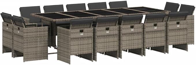 15-Piece Patio Dining Set with Cushions Gray Poly Rattan Outdoor Furniture Set for Garden Backyard Balcony
