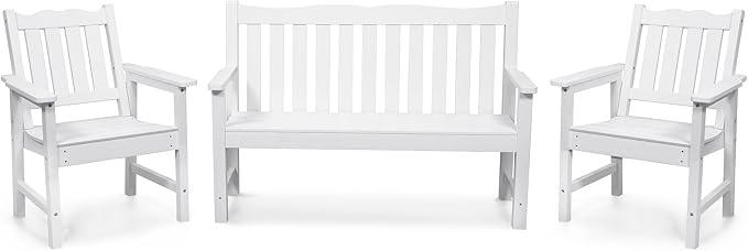 Stoog 3-Piece All-Weather Outdoor Bench & Chairs Set, Include 2 Garden Chairs and 1 Garden Bench, for Porch, Backyard, Lawn, Pool and Deck, White