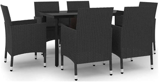Afuera Living 7 Piece Patio Dining Set, Black PE Rattan, Powder-Coated Steel Frame, Weather-Resistant, Cushioned Seating for 6, Contemporary Outdoor Furniture for Garden, Balcony, or Terrace
