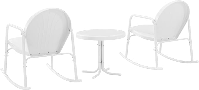 Crosley Furniture Griffith 3-Piece Outdoor Rocking Chair and Side Table Set, Retro Metal Bistro Patio Sets, White Gloss and White Satin
