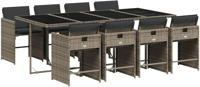 9 Piece Outdoor Dining Set, 8 Seater Patio Table and Chair Furniture with Cushions, Space Saving Cube Design, Gray Poly Rattan